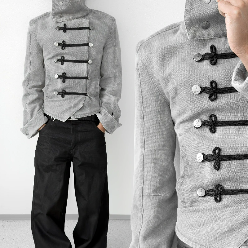 Y2k Retro Napoleon Jacke für Männer und Frauen, Gothic-Jacke mit Seil-Stickerei, High-Street-Subkultur Streetwear, Unisex Canvas-Baumwollmantel - Image 2
