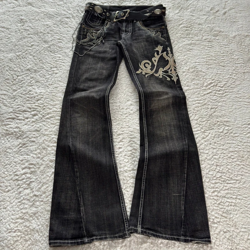 HOUZHOU Vintage Stickerei Patchwork Frauen Ausgestellte Jeans Y2k Harajuku Breite Bein Amerikanischen Stil Denim Hosen Baggy Punk Streetwear