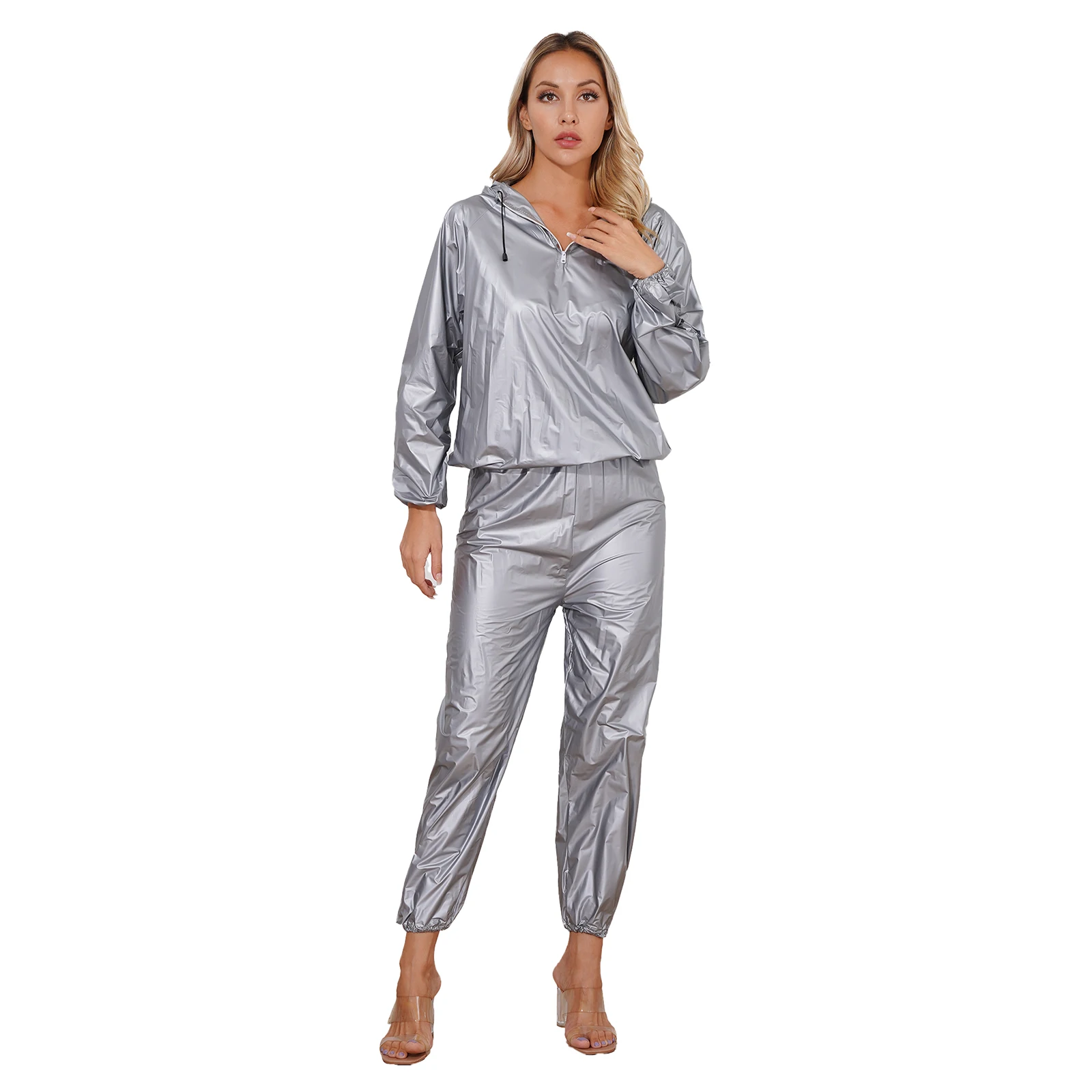Mens Womens Sauna Suit PVC Sports Suit Long Sleeve Tops with Elastic Waistband Pants Unisex Slimming Fitness Workout Outfits - Image 8