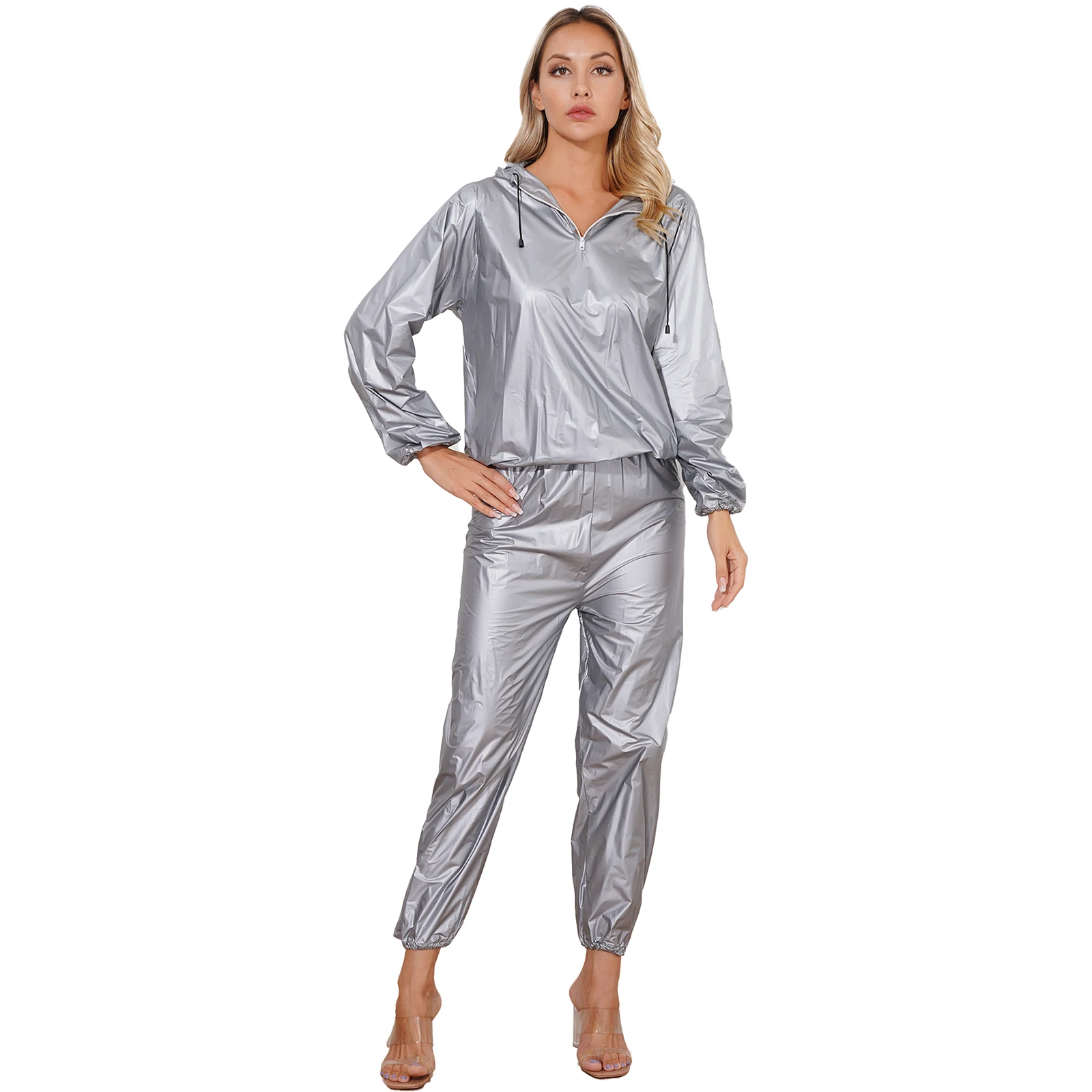 Mens Womens Sauna Suit PVC Sports Suit Long Sleeve Tops with Elastic Waistband Pants Unisex Slimming Fitness Workout Outfits - Image 5