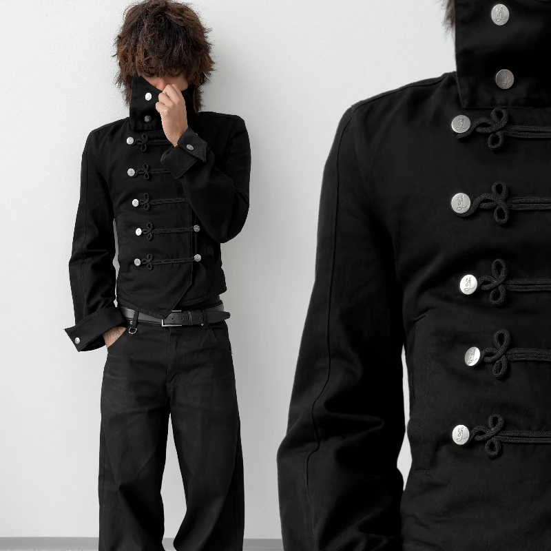 Y2k Retro Napoleon Jacke für Männer und Frauen, Gothic-Jacke mit Seil-Stickerei, High-Street-Subkultur Streetwear, Unisex Canvas-Baumwollmantel