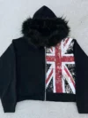 Retro Y2K Ins Pelzkragen Bedrucktes Reißverschluss-Sweatshirt Langarm-Pullover Hoodie Street Trend Casual Retro-Jacke