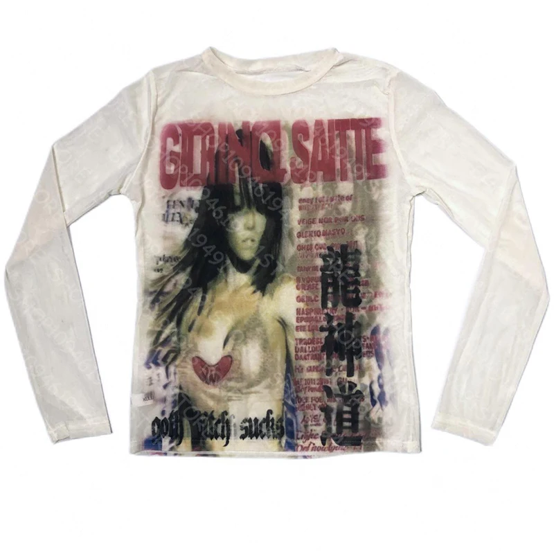 Punk Ästhetische Vintage Y2K Langarm T-shirt Drucken Nette Grunge T Emo Mädchen Kleidung Gothic Fairycore frauen Streetwear - Image 2