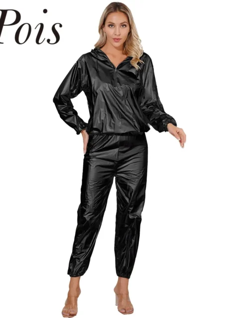 Mens Womens Sauna Suit PVC Sports Suit Long Sleeve Tops with Elastic Waistband Pants Unisex Slimming Fitness Workout Outfits